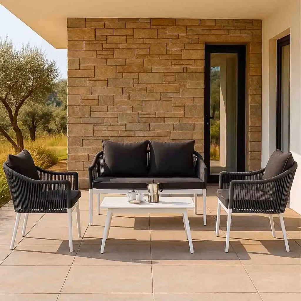 Set divano, tavolo e 2 poltrone Wanderlust Deco grigio per soggiorno o terrazzo, L/P/H: 90x50x40 cm, 58x65x84 cm, 117x65x84 cm – 2