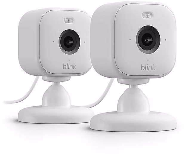 Videocamera di sorveglianza Amazon Blink Mini 2, per interno ed esterno, con connettività WiFi, visione notturna e microfono integrato, colore bianco