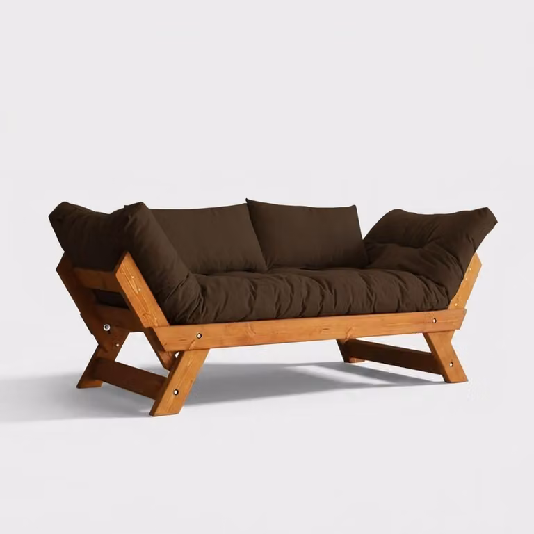 Divano letto in legno SORAI con rivestimento in lino idrorepellente e schienale regolabile - Marrone