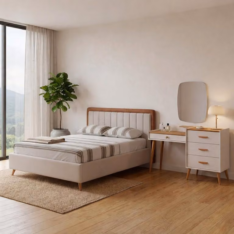 Set completo per camera da letto in stile moderno, color bianco, composto da: un grande letto matrimoniale, una cassettiera in legno e altri 2 elementi