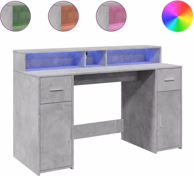 Scrivania | Tavolo da Ufficio con Luci LED Grigio Cemento 140x55x91 cm Multistrato