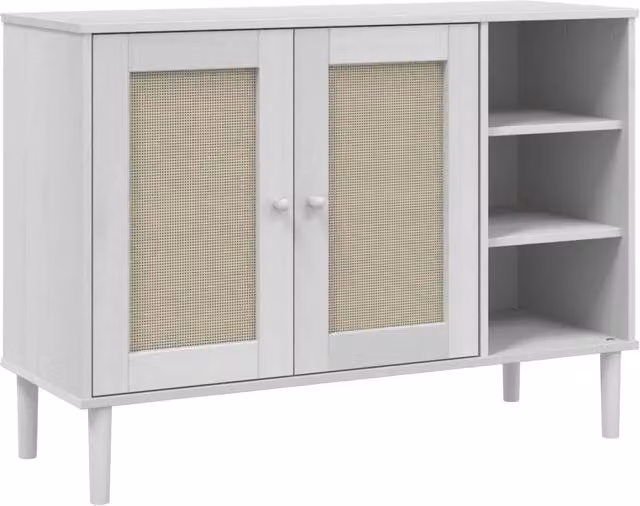 Credenza Buffet Senja in Legno di Pino Massello e Rattan Bianco, L 112 x P 40 x H 80 cm