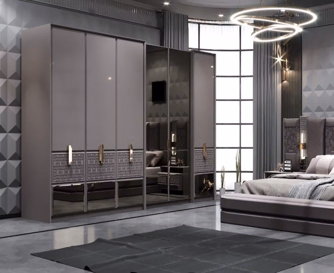 Armadio moderno in un elegante colore grigio con specchio e frontale testurizzato