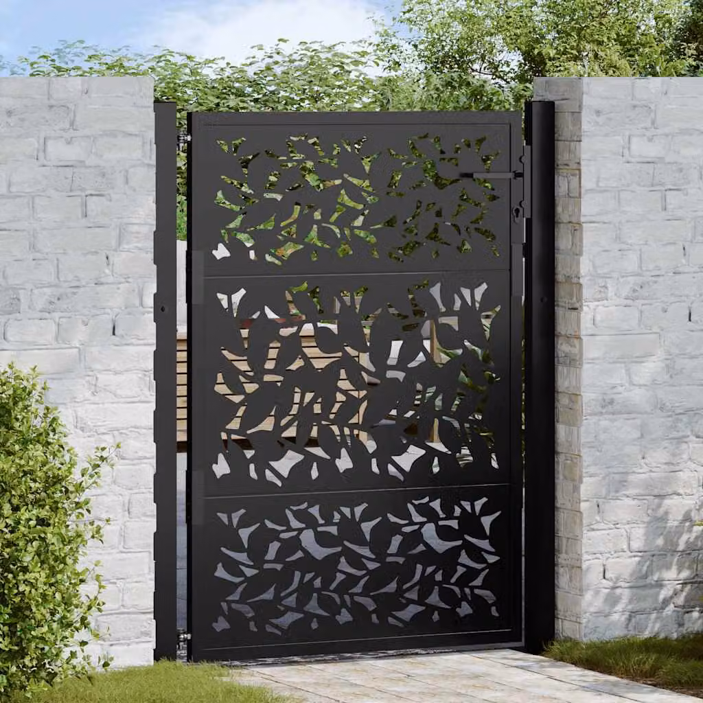 Cancello singolo da giardino vidaXL in acciaio nero con design a foglia L: 110 cm, H: 130 cm