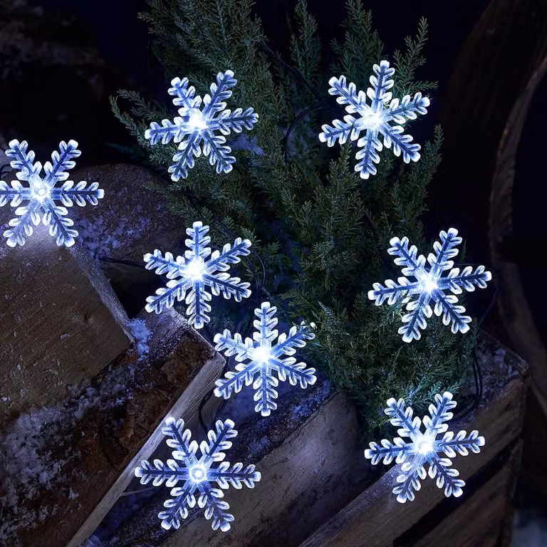 Catena luminosa a LED a forma di fiocchi di neve, lunghezza 3,8 metri, 20 LED bianchi, con timer, grado di protezione IP44