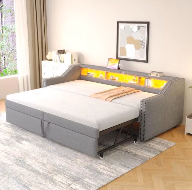 Divano Letto Imbottito Estraibile 90/180 x 200 cm con Contenitore, Luce LED e Porta USB, Grigio Chiaro