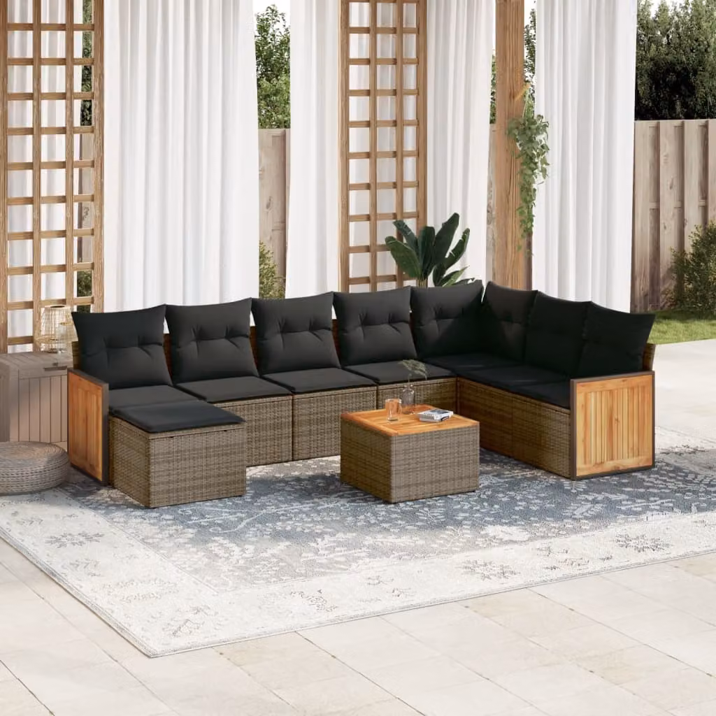 vidaXL Set Divano da Giardino a L 9 pz in Polyrattan Grigio con Cuscini e Tavolino da Esterno – 1