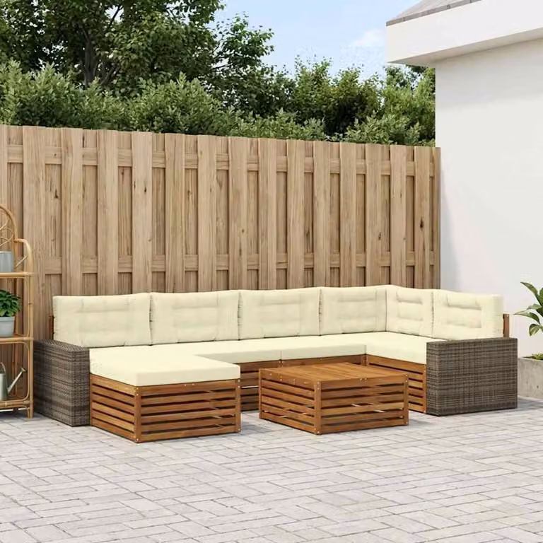 Set di divani da esterno vidaXL 7 pz in legno di acacia con pouf e tavolino, colore beige e marrone