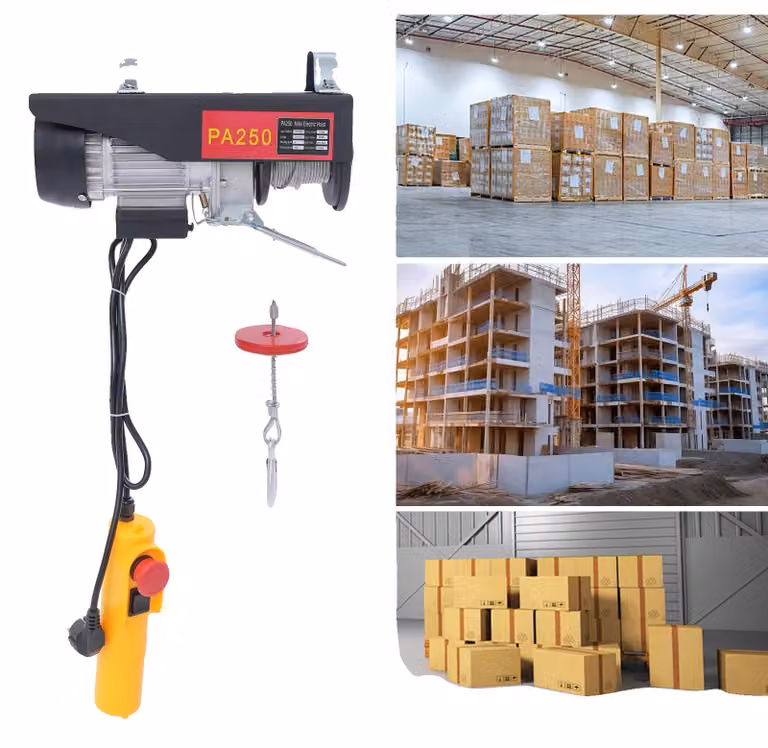 Argani elettrici, capacità di sollevamento: 250 kg, tensione: 220V, potenza di ingresso: 550W, altezza di sollevamento: 18 m, dimensioni: 34 cm x 13 cm x 13,5 cm