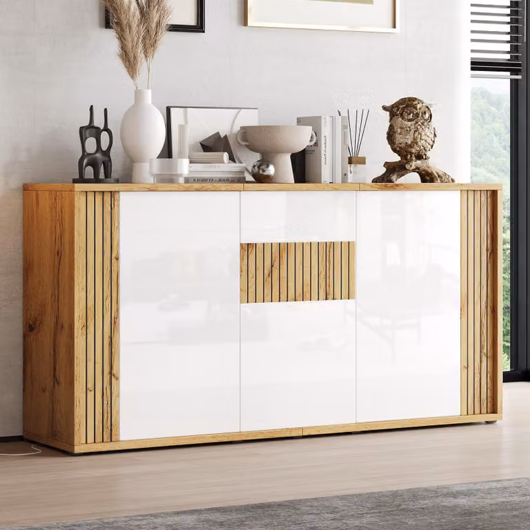Mobile contenitore, bianco e legno naturale, 3 ante, motivo a onde, finitura lucida, capacità di carico: 60 kg