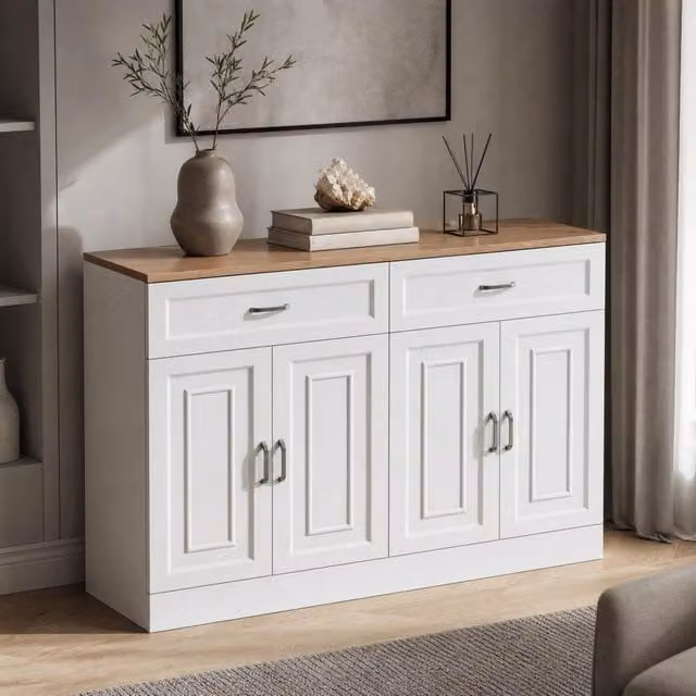 Credenza con 4 ante e 2 cassetti; ripiani regolabili; 120 x 35 x 80;5 cm; bianca
