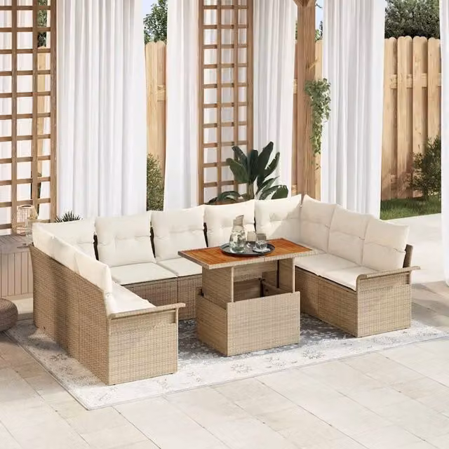 Set Divano da Giardino a L vidaXL 10 Pezzi Beige con Cuscini in Schiuma e Struttura in Metallo