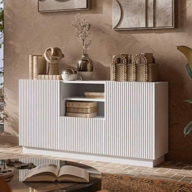 Madia Serchio DMORA, Credenza Moderna con 4 Ripiani e Cassetti Soft Close, Bianco Opaco, L: 150 cm, P: 40 cm, H: 78 cm – 1
