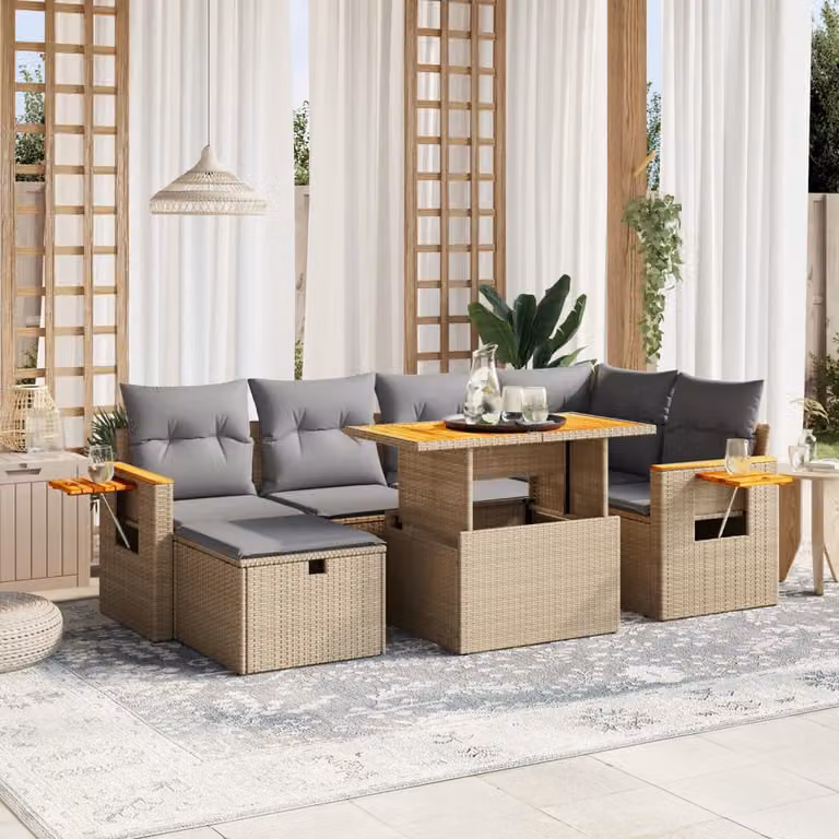 vidaXL Set Divani da Giardino 7 pz in Polyrattan con Cuscini Beige e Tavolino da Esterno