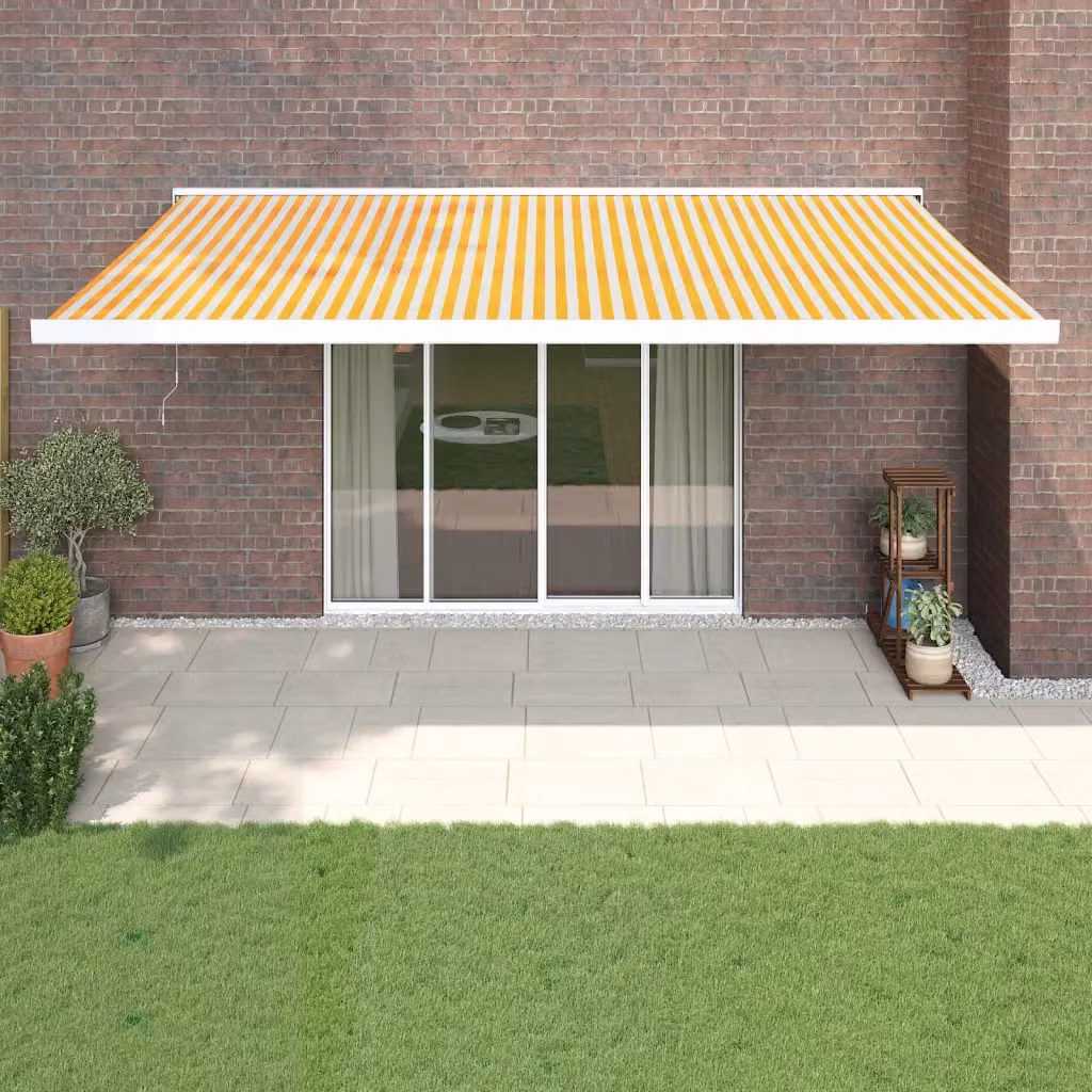 Tenda da sole retrattile vidaXL con bracci pieghevoli in alluminio e tessuto in poliestere, colori giallo e bianco, L: 5 m x P: 3 m