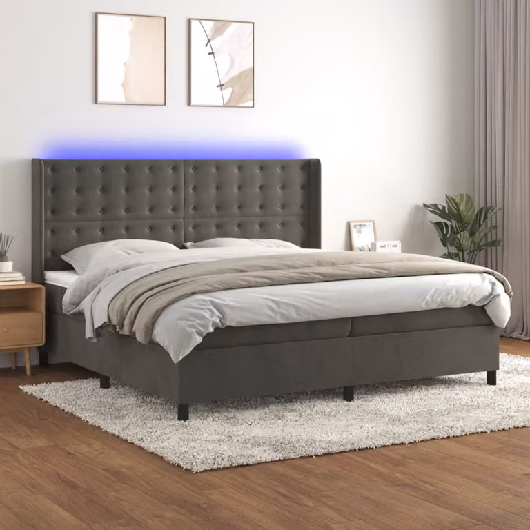 Letto Ibrido vidaXL con Materasso, Illuminazione LED Sotto il Letto e Porte USB, Rivestimento in Velluto Grigio, L/P/H: 200 x 203 x 128 cm