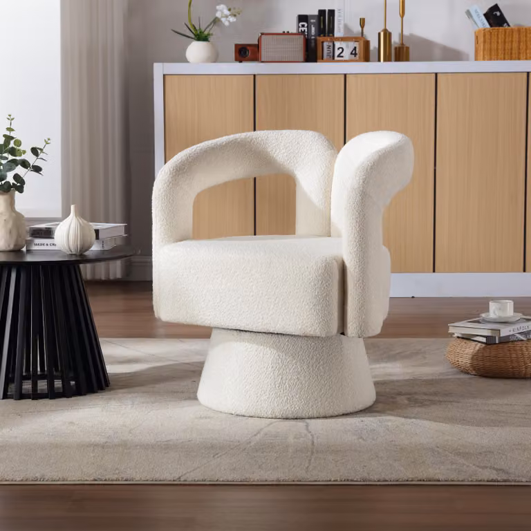 STILVORA Poltrona girevole a 360 gradi, ampia poltrona rotonda con bordo avvolgente, poltrona in tessuto soffice per soggiorno, camera da letto, ufficio o sala d'attesa, Beige