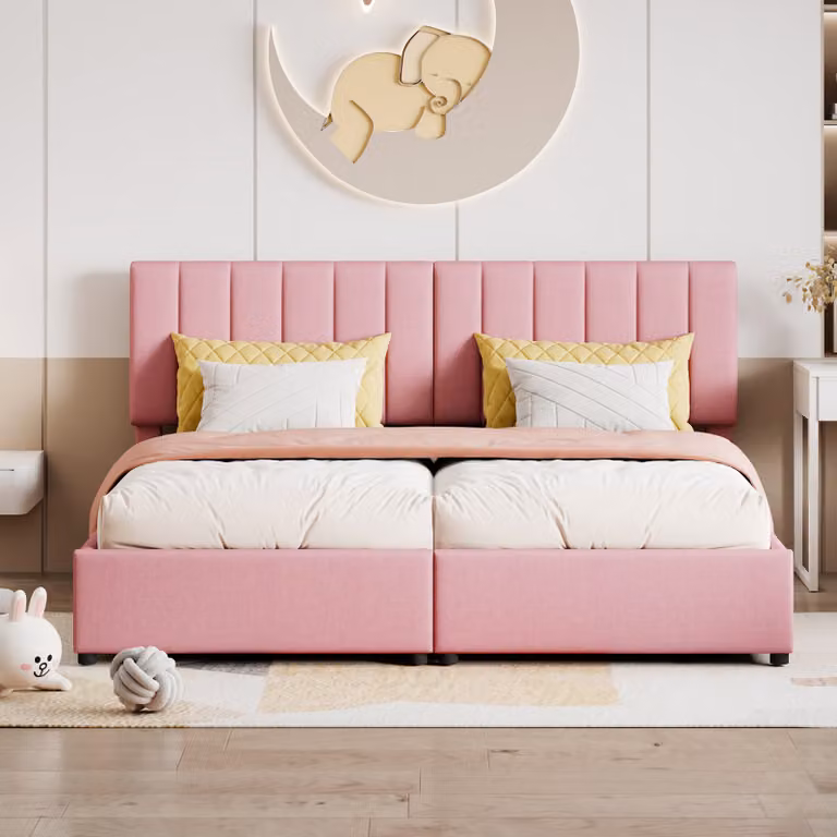 Letto a castello MODFU per bambini, 180x200 cm, con materasso, letto contenitore con sistema di sollevamento idraulico, letto imbottito per adolescenti con struttura in tessuto di lino piacevole al tatto, color rosa
