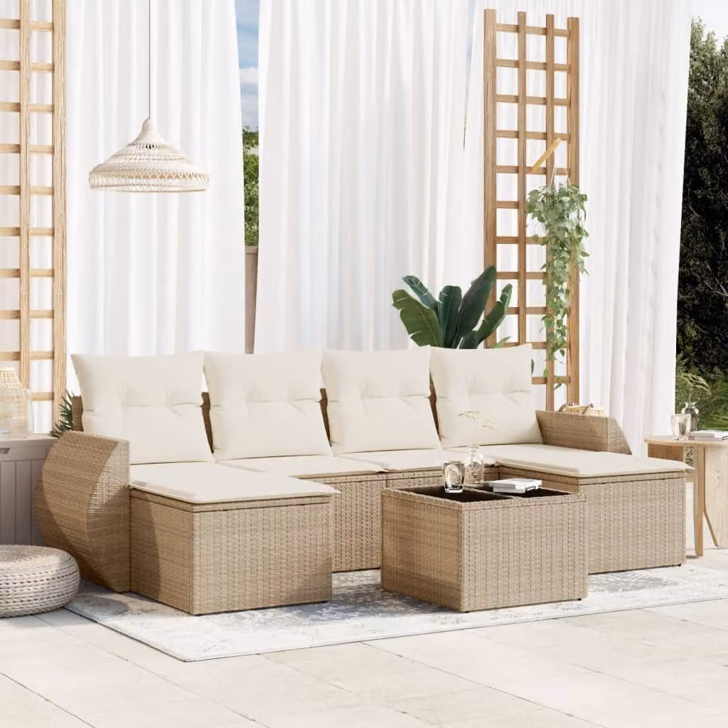 Set Divani da Giardino vidaXL 7 pz in Polyrattan con Cuscini Beige e Tavolino da Esterno – 1