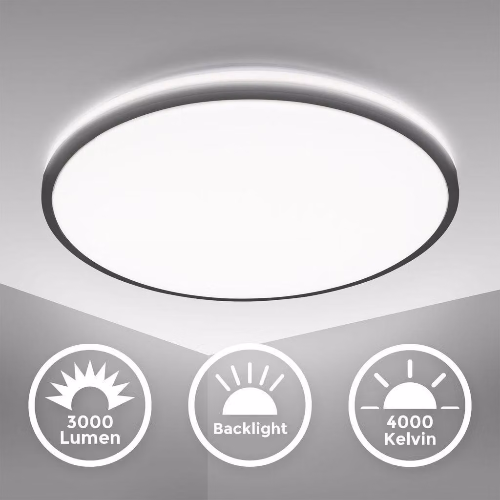 B.K.Licht Plafoniara LED, 24W, diametro 38cm, luce bianca neutra 4000K, 3000Lm, Lampada da soffitto con illuminazione indiretta, Nero