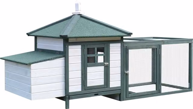 Pollaio da giardino prefabbricato in legno PawHut per galline, Bianco e Verde, L: 196 cm, P: 76 cm, H: 97 cm – 1
