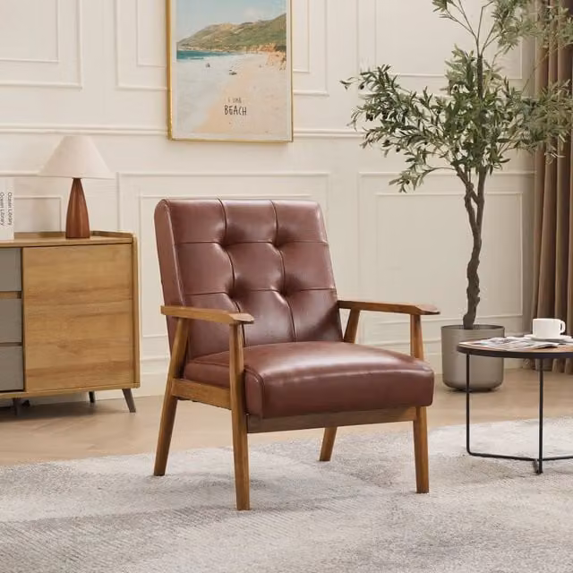 Poltrona lounge MIVRAY in pelle marrone con braccioli e gambe in legno di gomma in stile scandinavo