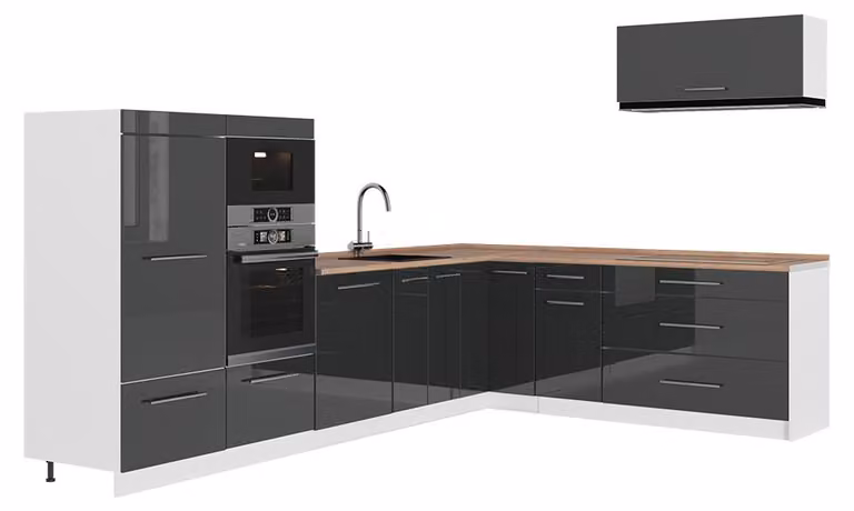 Cucina angolare completa Vicco Fame-Line Antracite lucido/Bianco 327 x 227 cm, PL Rovere, Model 64417