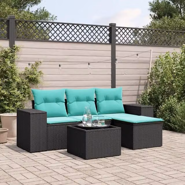 Set Divani da Giardino 5 pz con Cuscini Nero in Polyrattan 3222476