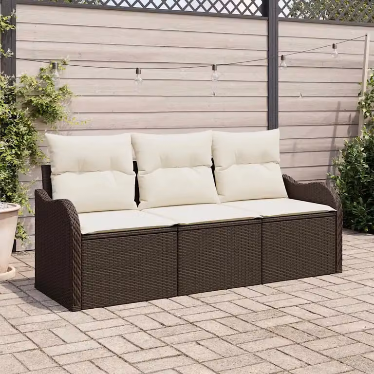 Set Divano da Giardino 3 Pezzi vidaXL Marrone con Cuscini e Tavolino in Polyrattan e Metallo