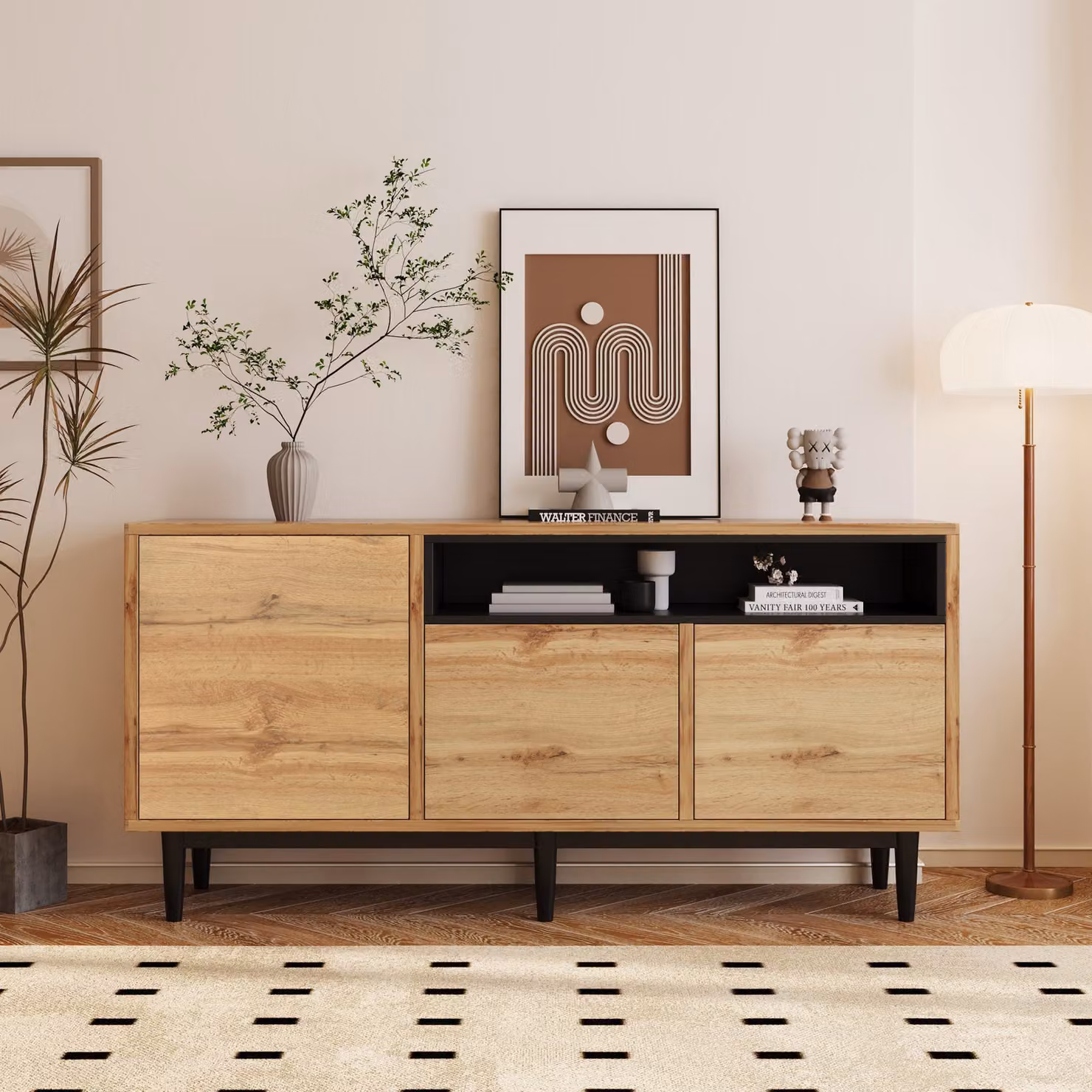 Credenza Moderna Aosom Italy in Legno Naturale con Tre Ante e Ripiani, L 160 x P 35 x H 76 cm – 2