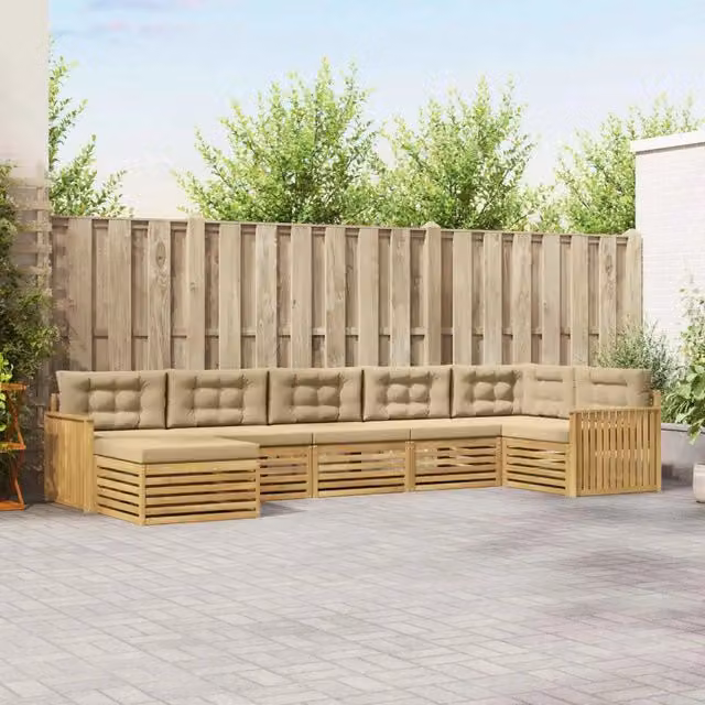 Set di divani da esterno vidaXL a forma di L con 7 pezzi, colore bianco e beige, in legno di acacia trattato con cuscini inclusi