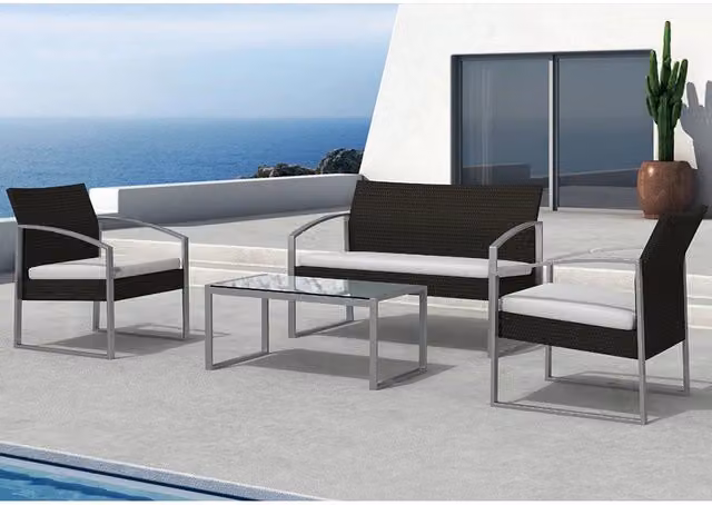 Set Salotto da Giardino Divano + 2 Poltrone + Tavolino Alicante Nero