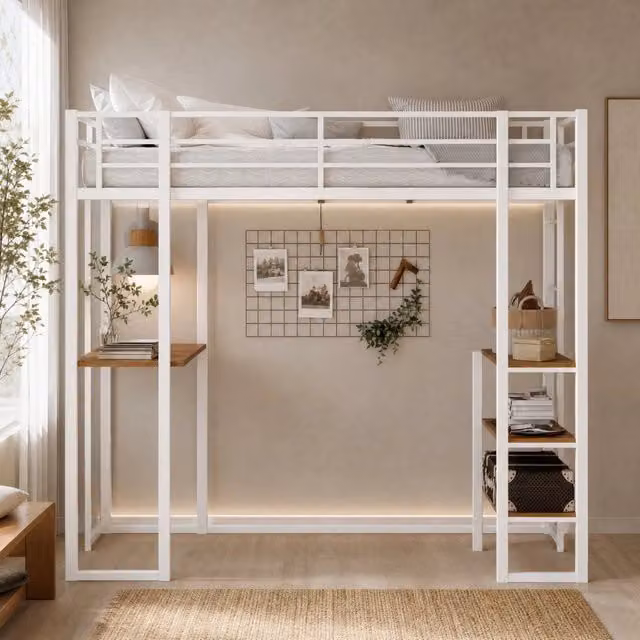 Letto a soppalco in ferro con scrivania integrata e doppia scala; 200x107x180 cm; bianco