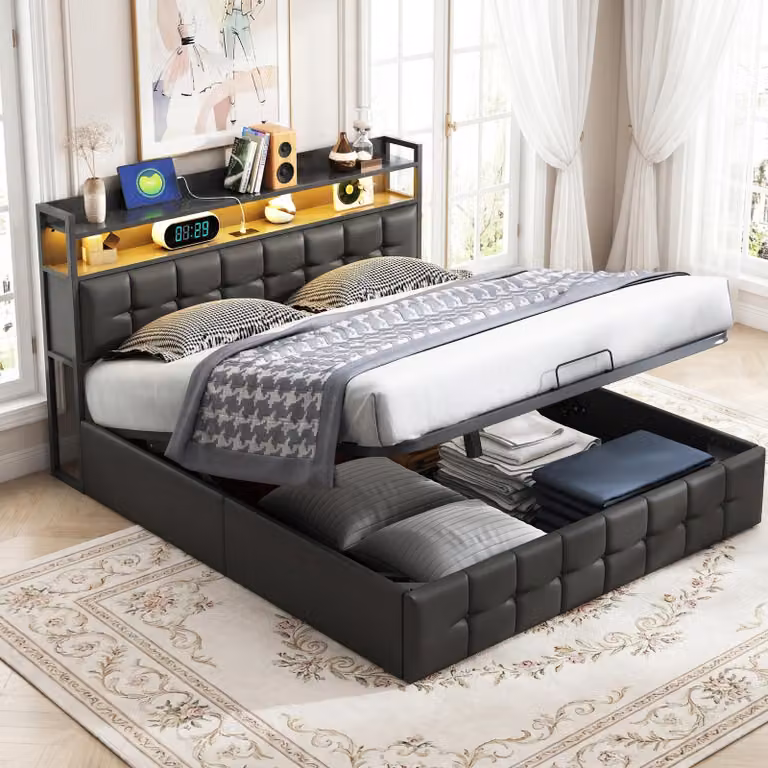 Letto imbottito INONEFT 140x200 cm con LED e porta USB di tipo C, letto con box e sistema idraulico per lo spazio contenitore, letto matrimoniale per giovani con rete a doghe e contenitore, rivestimento in ecopelle nera