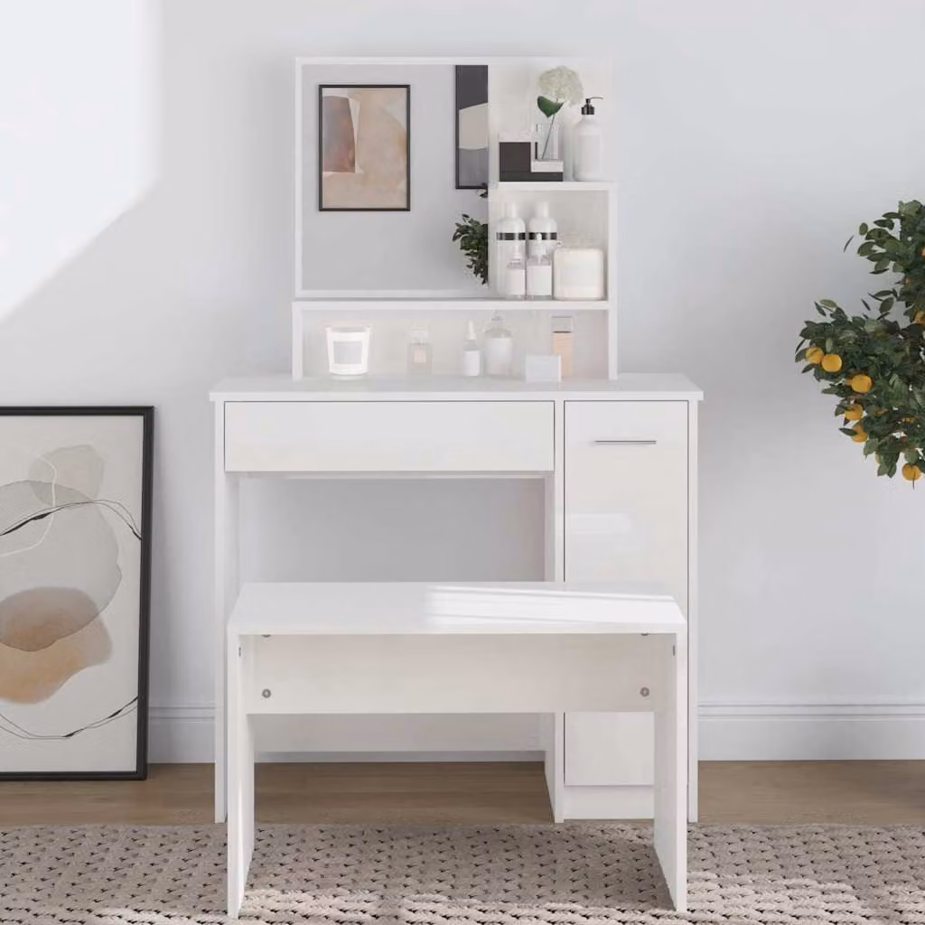 vidaXL Toeletta con Specchio Bianco Lucido L: 86,5 cm, P: 35 cm, H: 136 cm