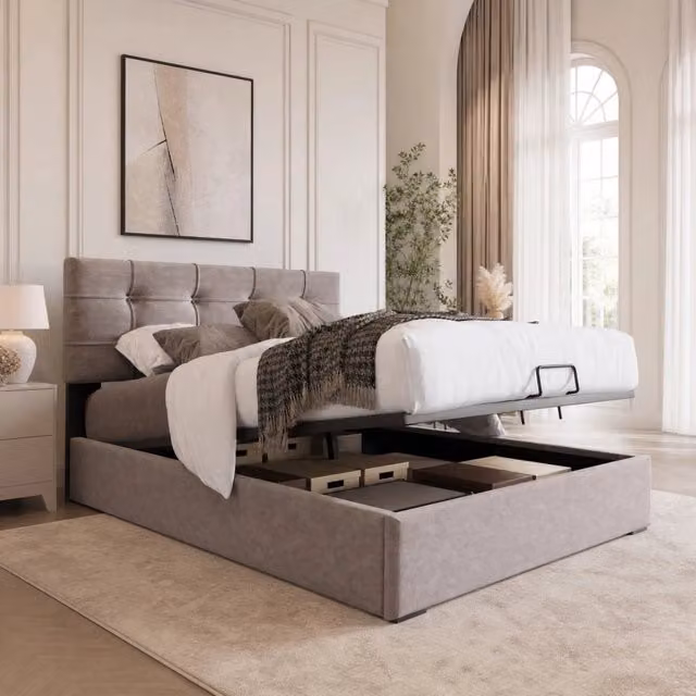 Letto contenitore singolo ULEVR 90x200 cm con sollevamento idraulico e testiera regolabile, velluto grigio chiaro