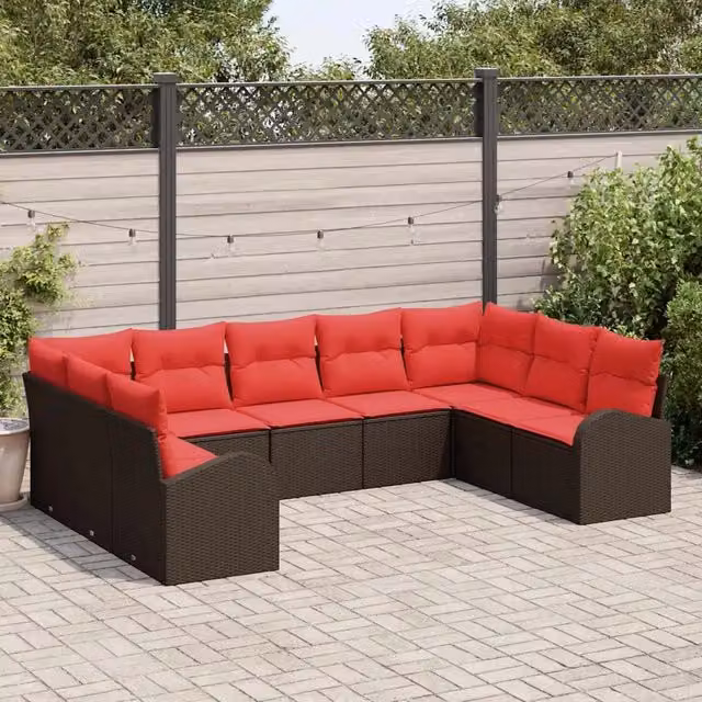 Set Divano da Giardino 9 pz Marrone e Rosso polyrattan 3354873