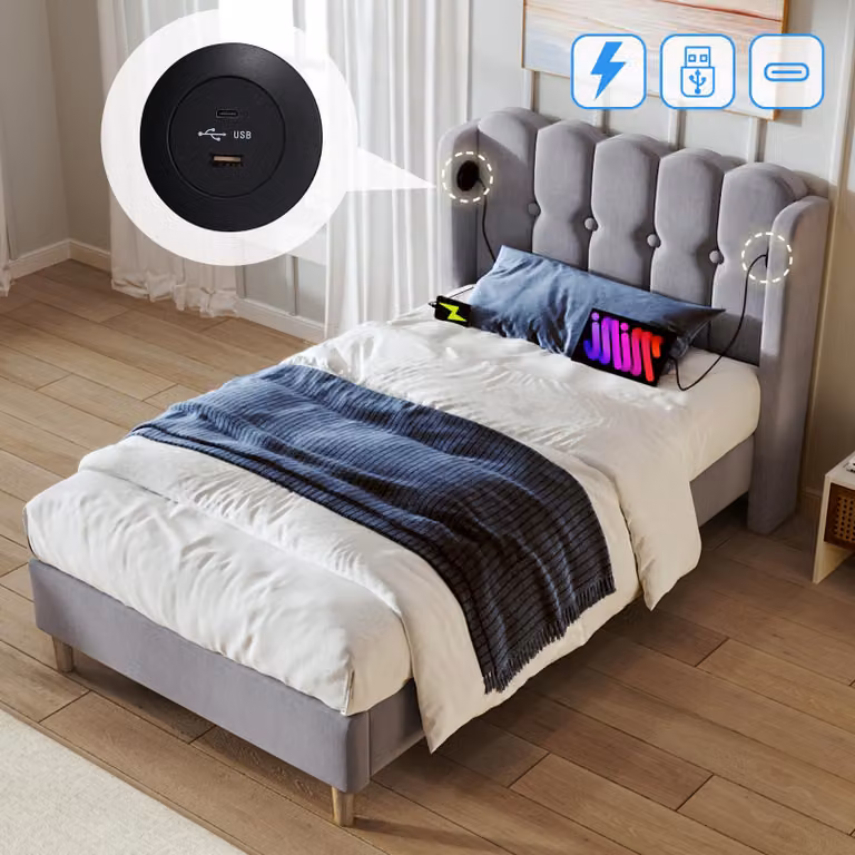 Letto imbottito letto singolo con USB tipo C, struttura letto con rete a doghe, letto in grigio, 90 x 200 cm struttura letto giovane