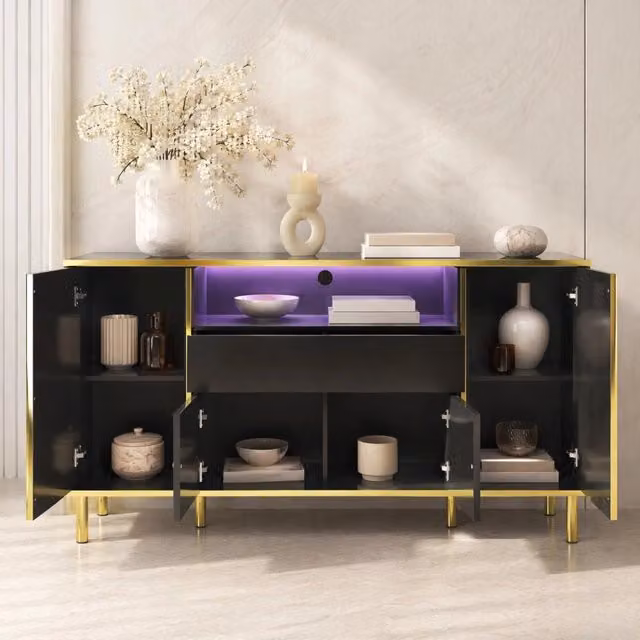 Sideboard nero lucido con 1 cassetto e 4 ante, 150x40x80 cm, mobile elegante per soggiorno o camera da letto