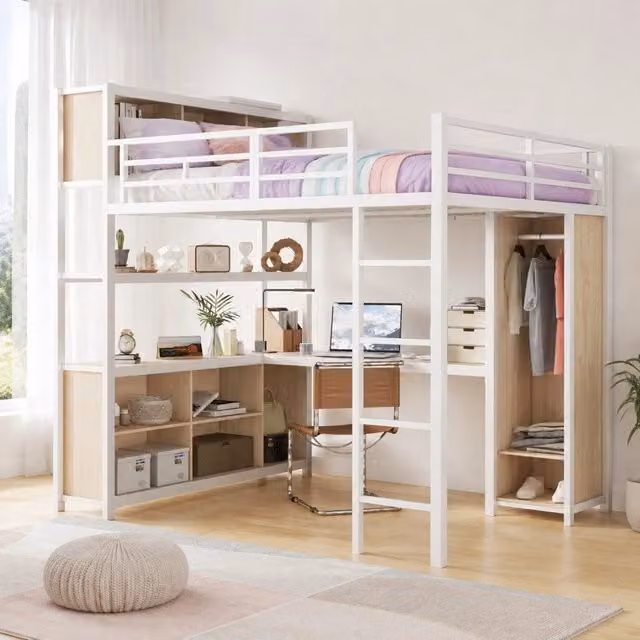 Letto a soppalco in ferro bianco e finitura naturale 140x200 cm con scrivania, armadio integrato e doppio spazio contenitivo