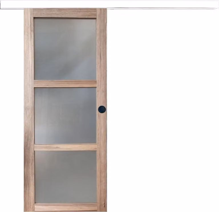Porta scorrevole in legno Frake con vetro H204 x L83 cm, binario in alluminio con fascia bianca, conchiglie nere Gd Menuiseries