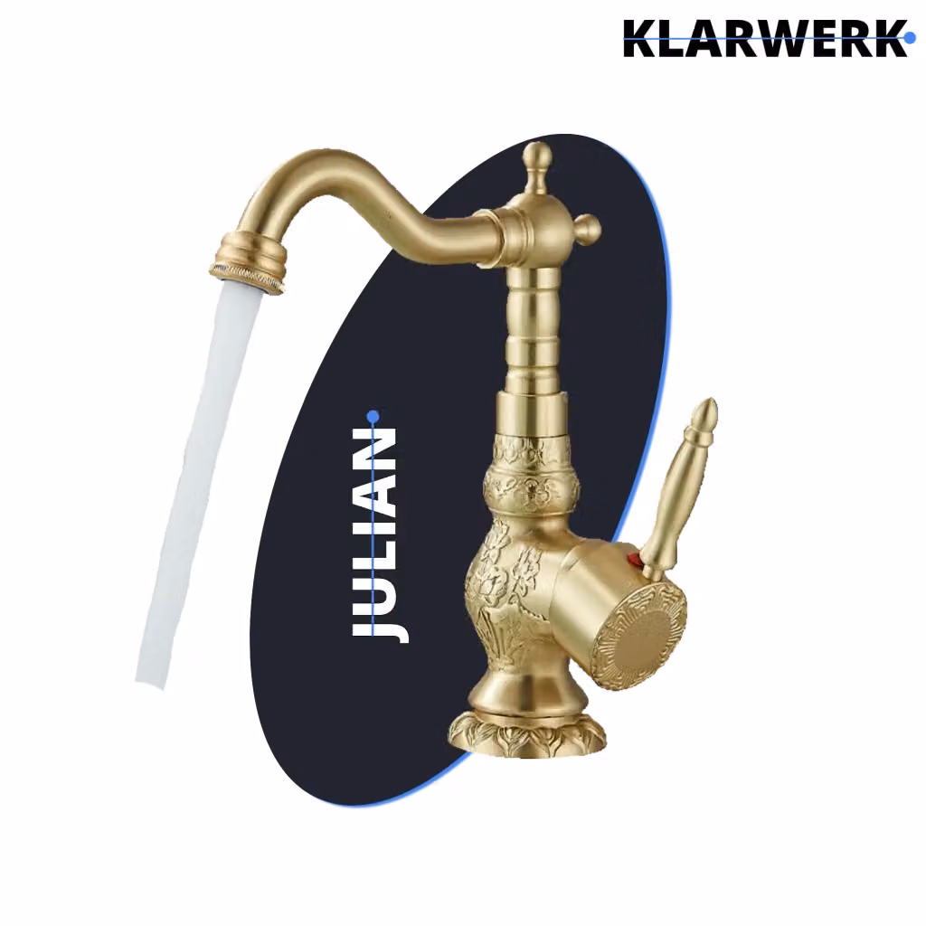 Miscelatore per lavabo freestanding JULIAN di Klarwerk, rubinetto da bagno alto in acciaio inox color oro spazzolato in stile vintage – 2