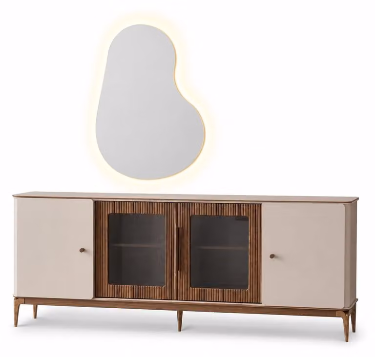 Mobile bar moderno beige in legno con specchio a LED, contenitore con ante in vetro
