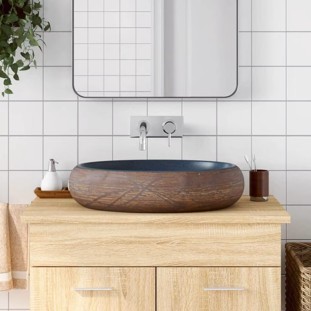Lavabo da appoggio ovale vidaXL in ceramica, marrone e blu, L: 59 cm, P: 40 cm, H: 15 cm