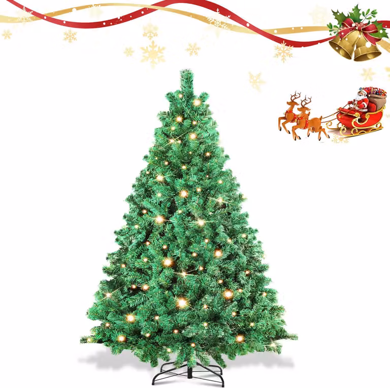 Albero di Natale artificiale Ikodm, altezza 150 cm, con illuminazione LED (200 LED, luce bianca calda), inclusa base in metallo e decorato con 550 punte. Materiale: PVC, colore verde