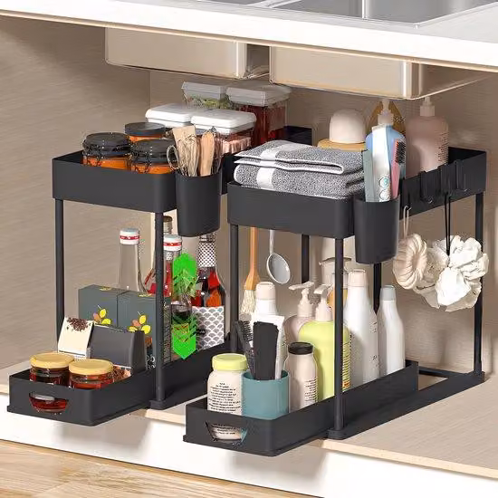 Ibenzoa® Schwarz – Scaffale organizer estraibile a 2 livelli, ideale per lo spazio sotto il lavabo, dimensioni 39,5 x 21,5 x 36 cm, realizzato in ABS e tubi in acciaio inossidabile verniciati, con 10 ganci e una tasca appendibile