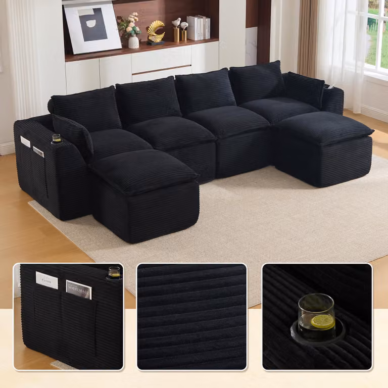 Divano componibile LVHOM XXL a 4 posti in velluto, divano a U con portabevande e tasche laterali, divano grande, 322 cm, nero