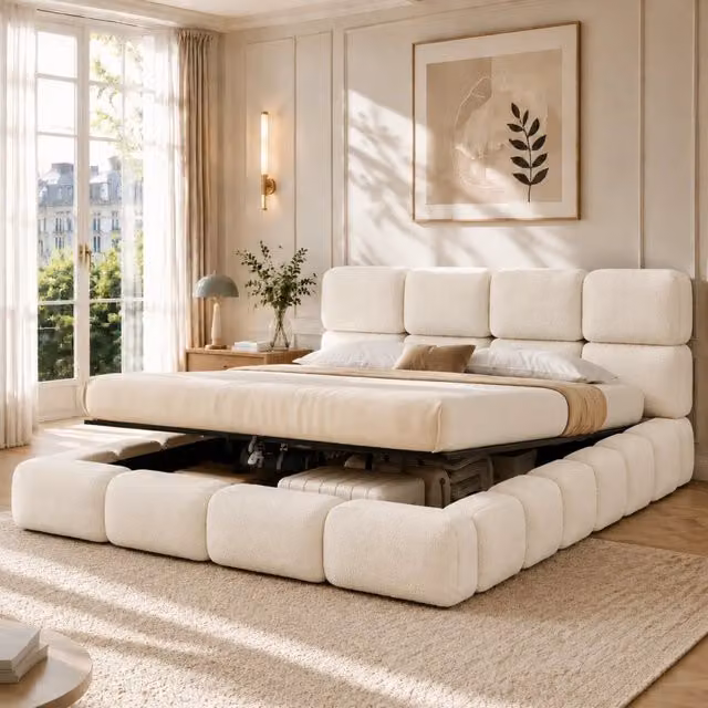 Letto contenitore matrimoniale 200 × 200 cm con sollevamento idraulico, senza materasso, in bouclé bianco
