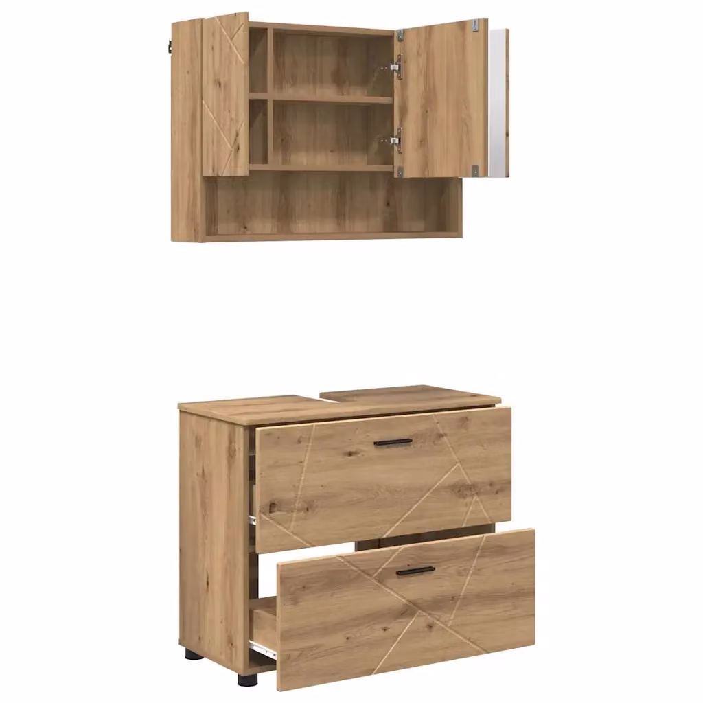 Set di mobili per il bagno moderno vidaXL composto da mobile lavabo e armadietto con specchio in legno e metallo marrone color rovere L/P/H: 80,0 x 35,0 x 64,0 cm – 2