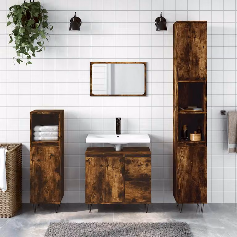 Armadietto da bagno vidaXL in legno Rovere Fumo con ante e ripiani, L 65 cm x P 33 cm x H 60 cm